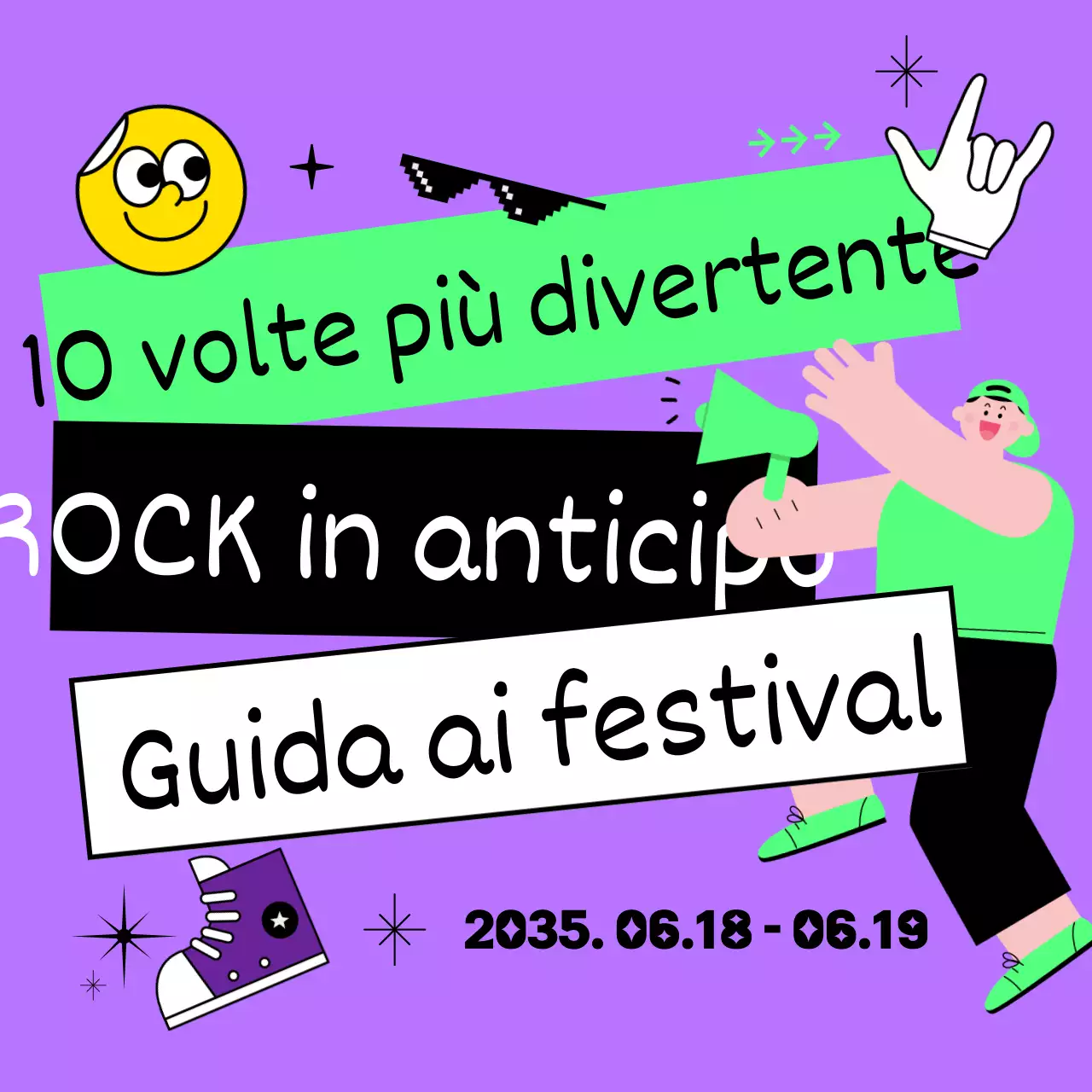 Guida per i festival estivi delle rock band con illustrazioni uniche e simpatiche in viola e chartreuse fluorescente.