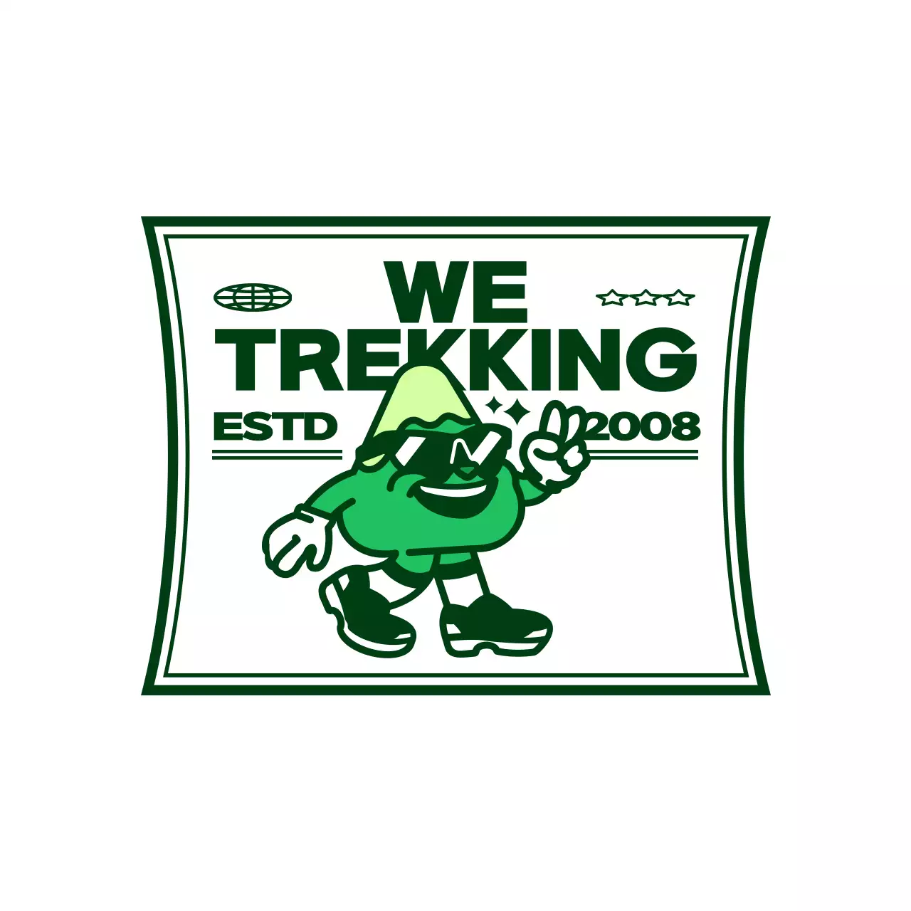 Hadiah klub bergaya logo yang menampilkan karakter gunung yang lucu dan trendi dalam warna hijau dan putih.