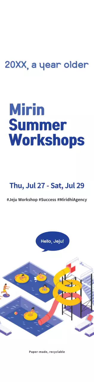 Gaya ilustrasi sederhana dengan warna biru tua dan biru muda Informasi tentang lokakarya musim panas