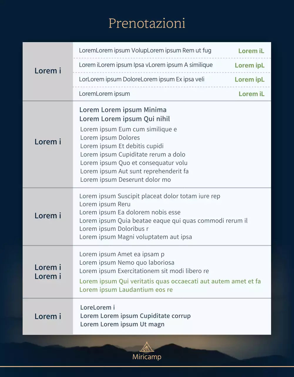 Pagina di dettaglio del campeggio navy e dark