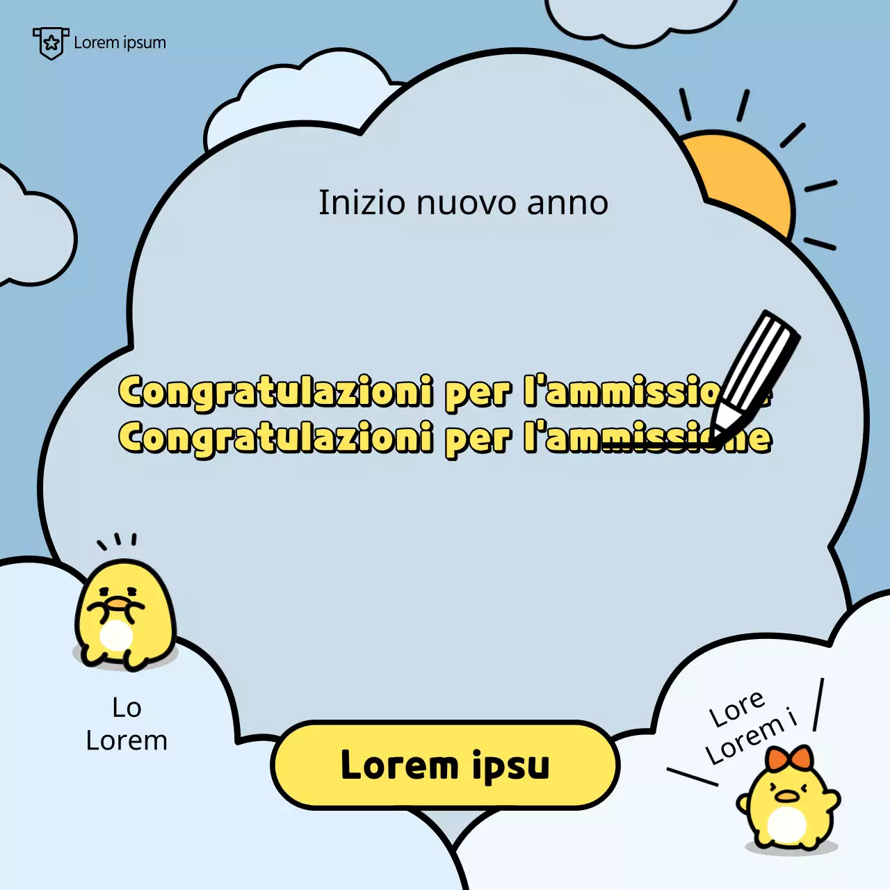 Consulenza per l'ammissione alla scuola primaria con un simpatico personaggio di anatra su uno sfondo di nuvole gialle e azzurre