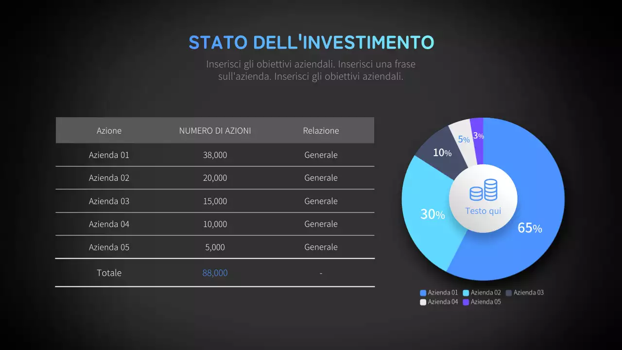 Tabelle aziendali e grafici a torta in blu neon