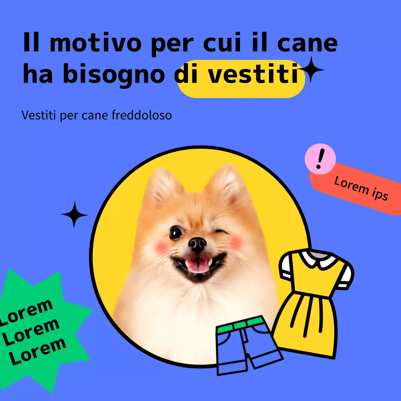 Modello per i social media di abbigliamento per cani blu e giallo rosa