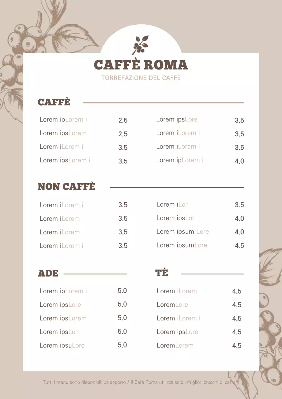 Illustrazione botanica del menu del caffè in marrone