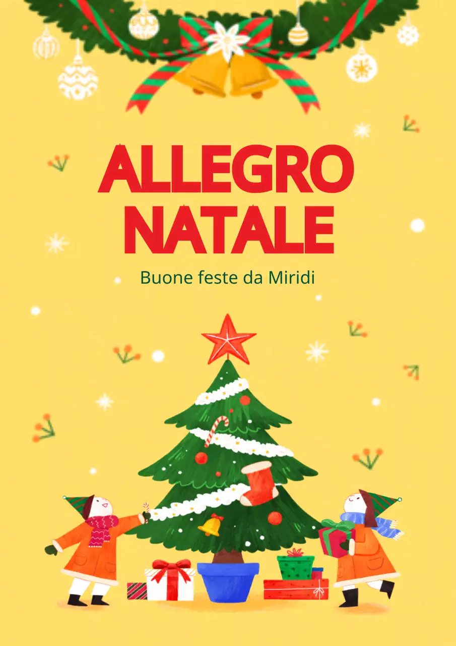 Celebrazione del Natale con illustrazione di un simpatico bambino giallo e di un albero