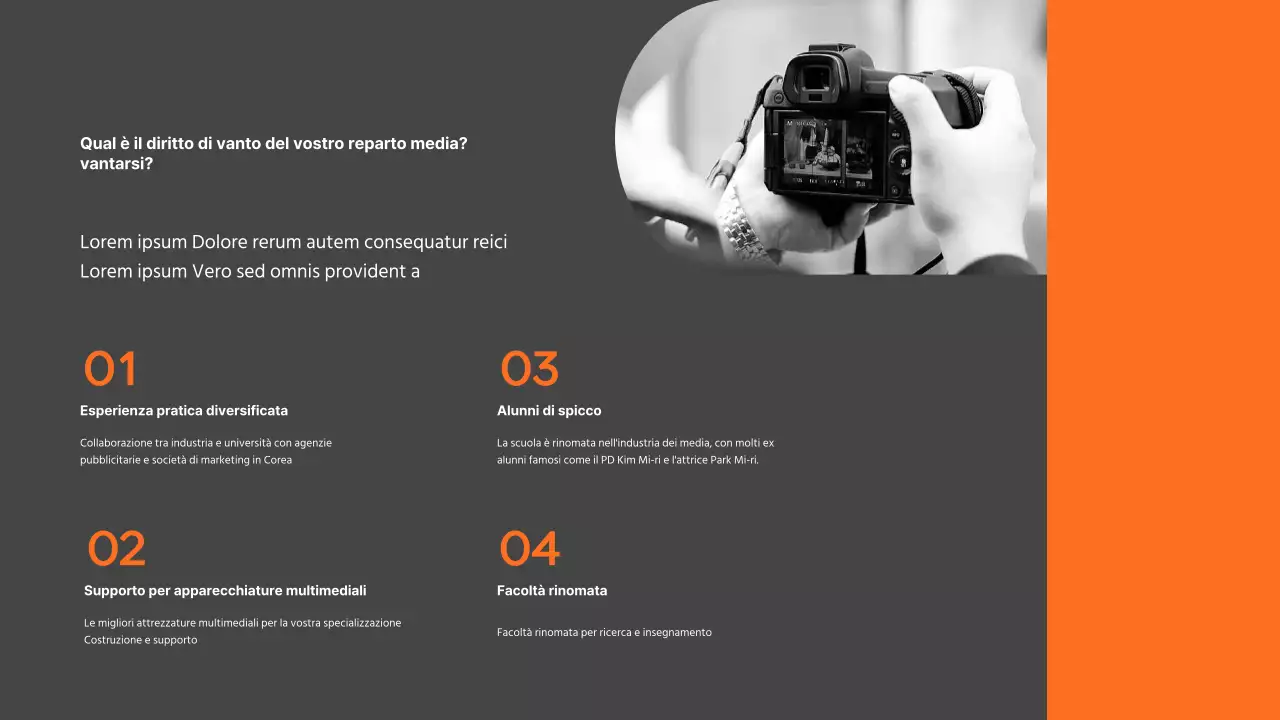 Presentazione del dipartimento di relazioni pubbliche dell'università moderna grigio-arancio