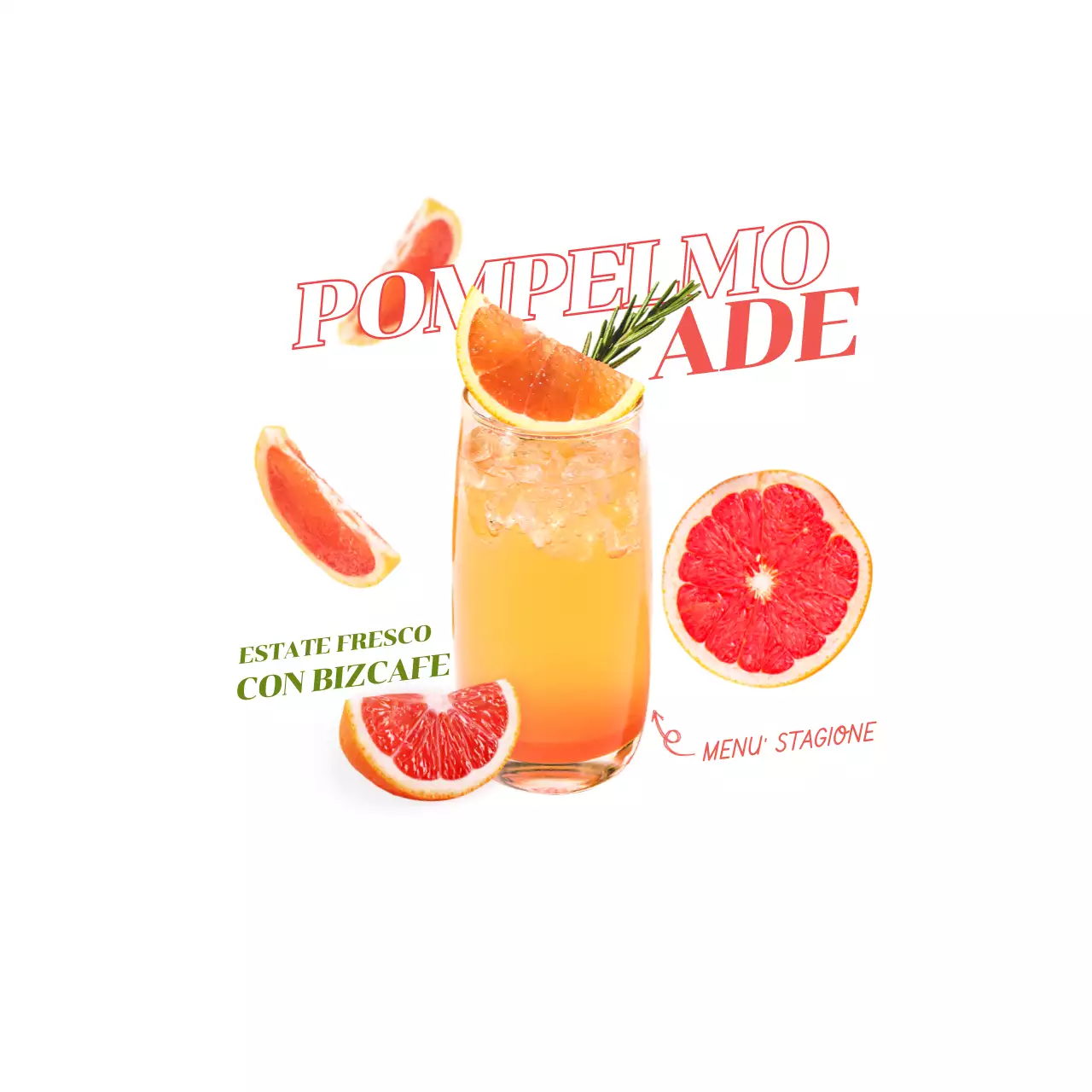 Promuovete una bevanda con l'immagine di un pompelmo e una bevanda al pompelmo in rosso.