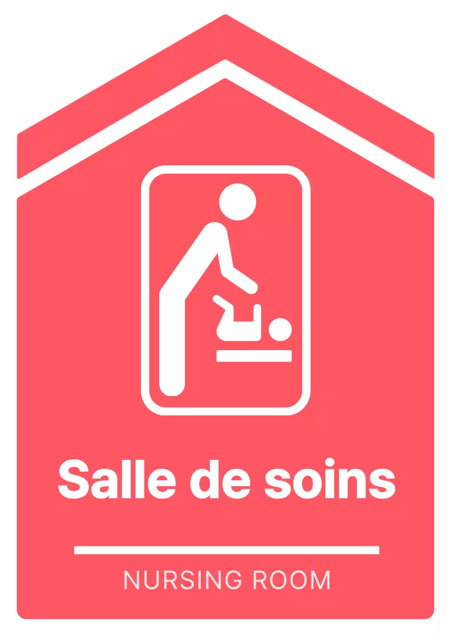 Des indications simples et nettes, sous forme de flèches, pour se rendre dans la salle de soins, en rose et blanc vifs.
