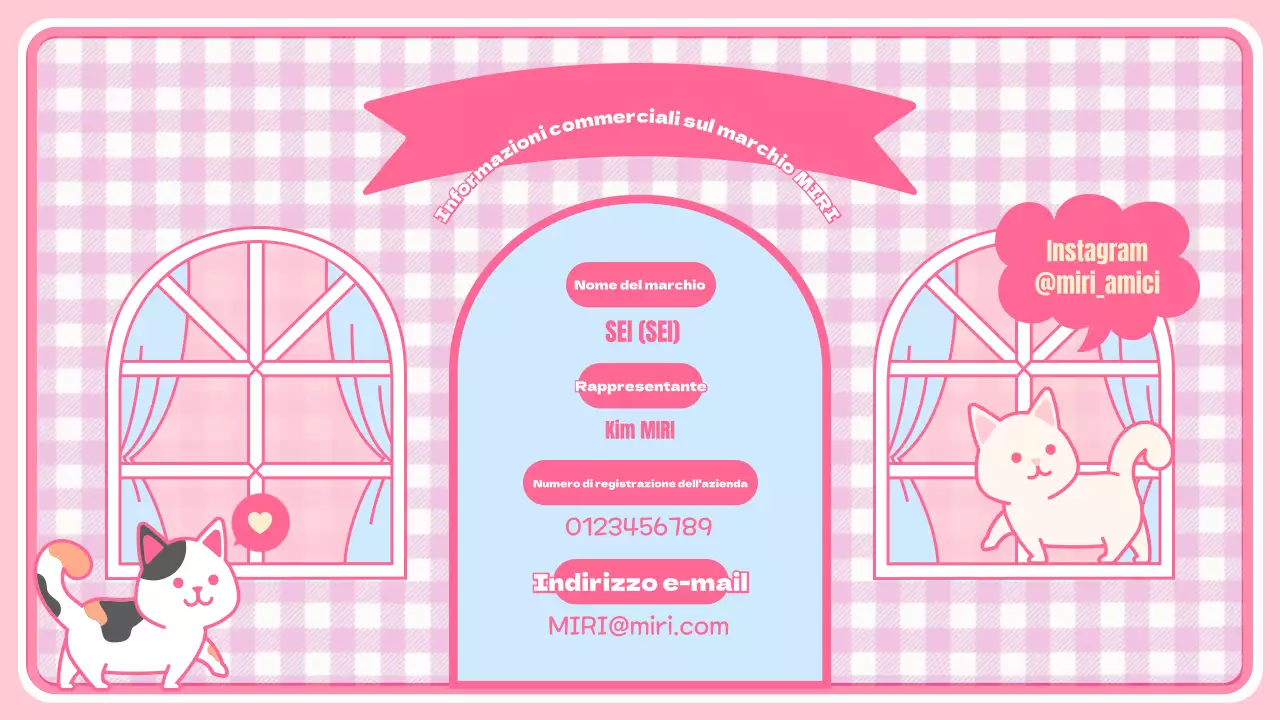 Simpatica pagina di presentazione dei personaggi e della merce con sfondo a scacchi rosa