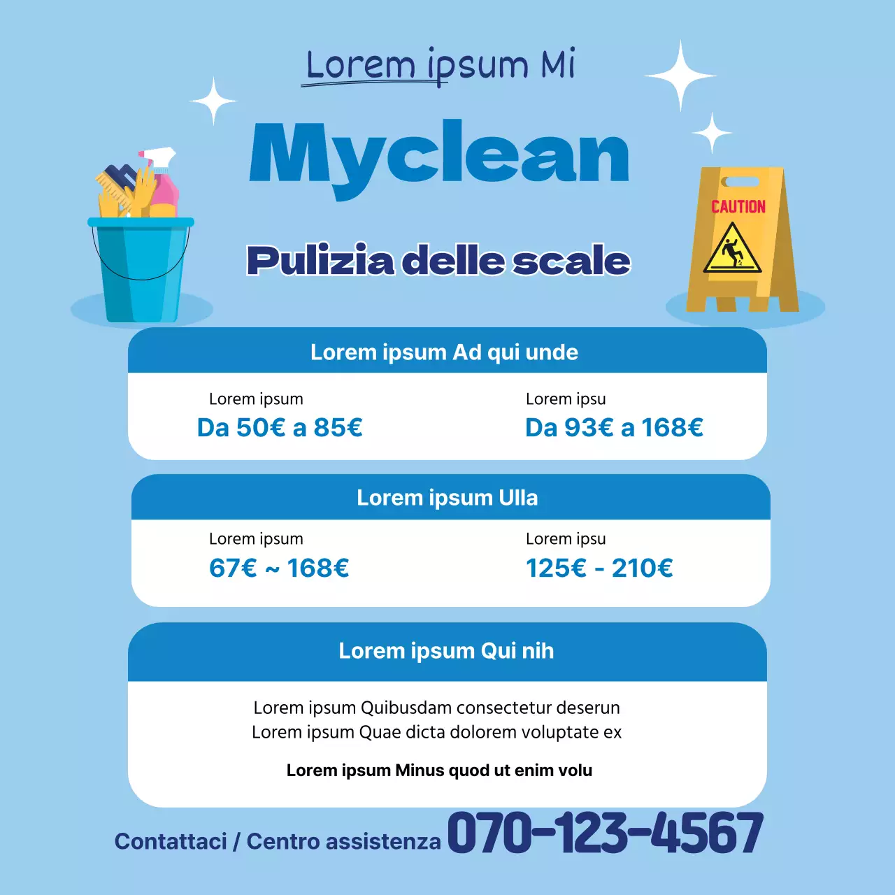 Illustrazione blu che promuove un servizio di pulizia ordinata