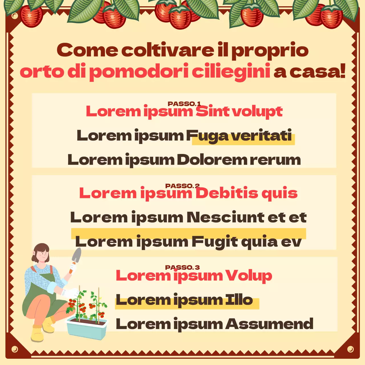 Create il vostro orto di pomodori ciliegini con un concetto illustrato d'epoca Progetto di semina delle piantine