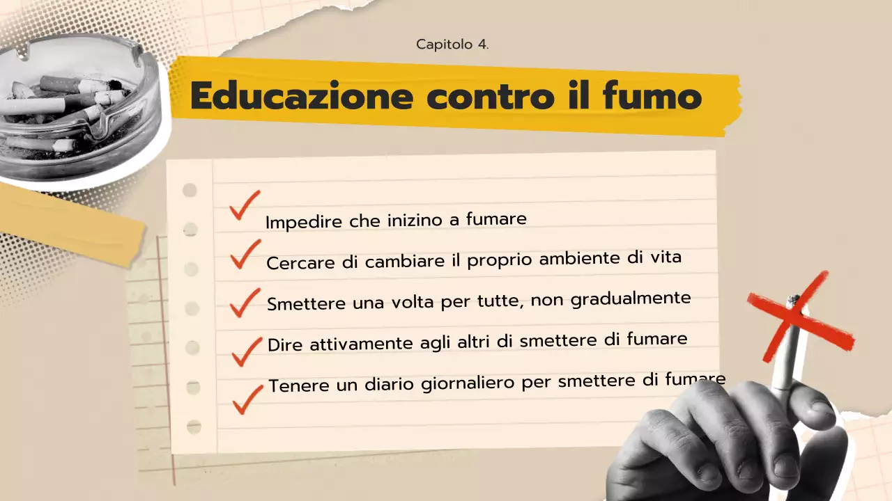 Materiale didattico per la disassuefazione dal fumo per i giovani con un concetto di collage pop art beige.