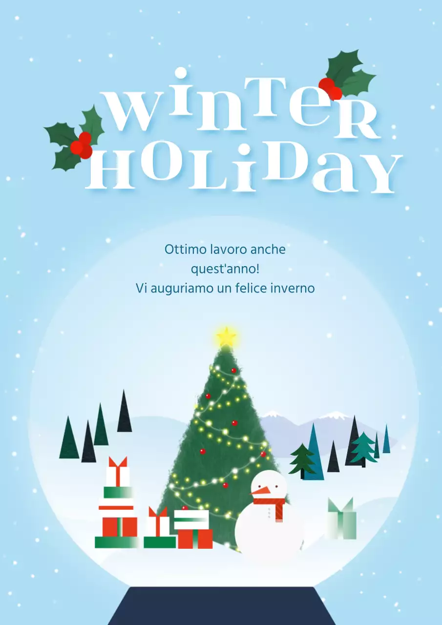 Un saluto invernale in blu pastello con effetto palla di neve