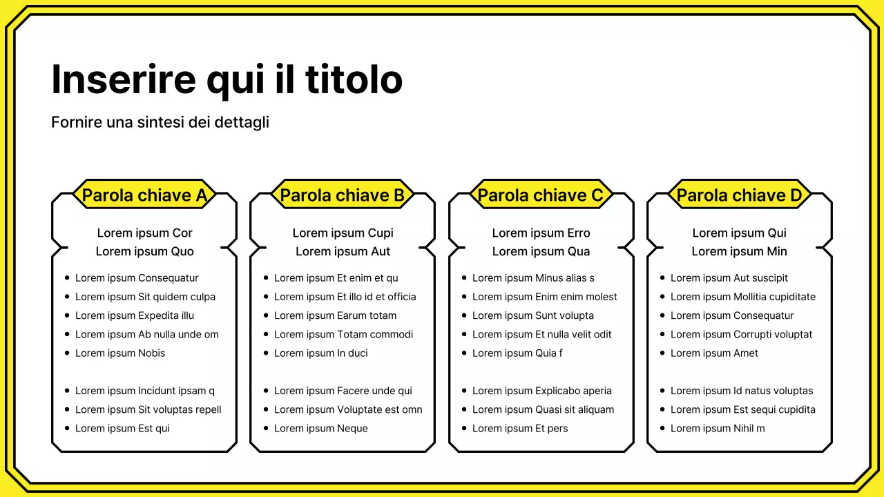Evidenziate le parole chiave con un semplice stile a linee in giallo e menta.