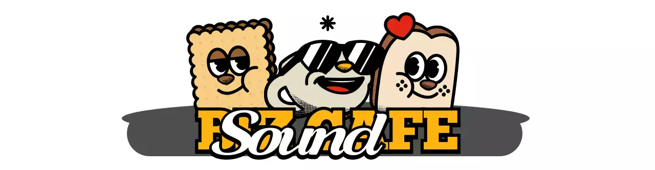 Cute and hip character logo style cafe merchandise in yellow and black.