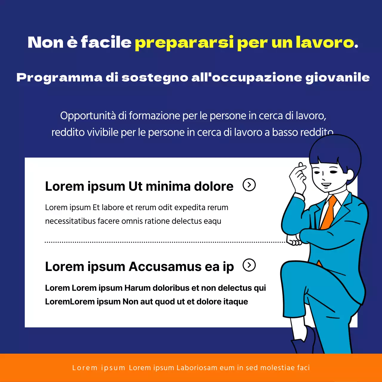 Iscriviti per ricevere notifiche sulle informazioni relative alle politiche di sostegno ai giovani con illustrazioni comiche e giocose in arancione e blu navy.