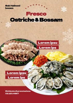 Promuovere i menu dei ristoranti di yakisoba e okonomiyaki con immagini di cibo rosse e beige