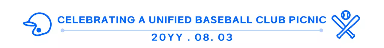 Gaya tata letak kombinasi ikon dan teks yang sederhana dan imut dengan warna biru tua dan putih untuk perayaan piknik klub baseball