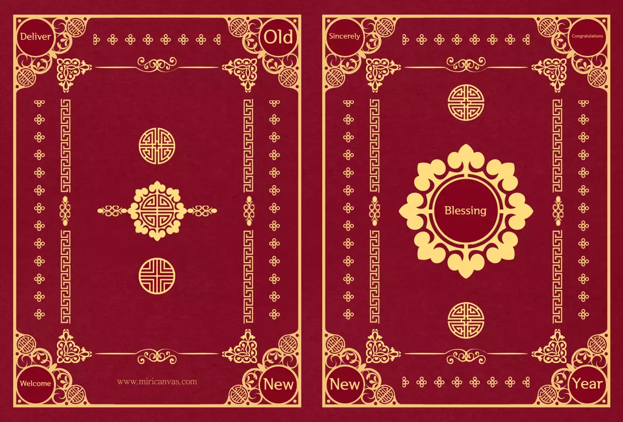 Kartu ucapan berkonsep pola tradisional Korea berwarna merah dan kuning