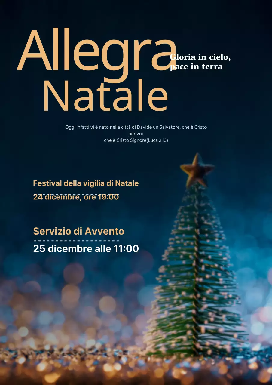 Promuovete e guidate un servizio natalizio in una chiesa sobria con una foto di un albero blu navy.