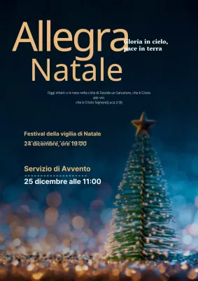 Promuovete e guidate un servizio natalizio in una chiesa sobria con una foto di un albero blu navy.