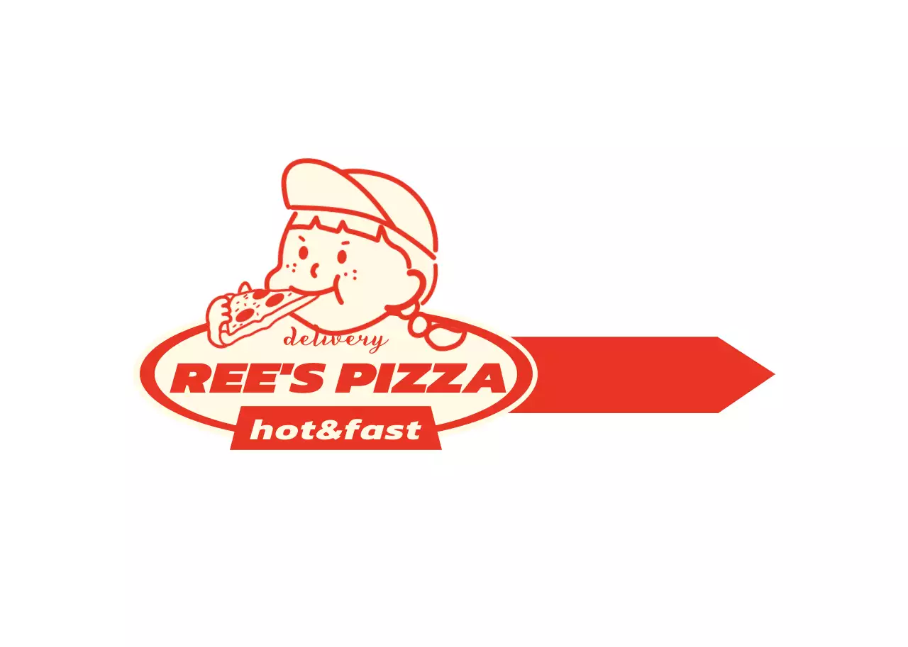 A pizzeria logo with a cute red and yellow illustration