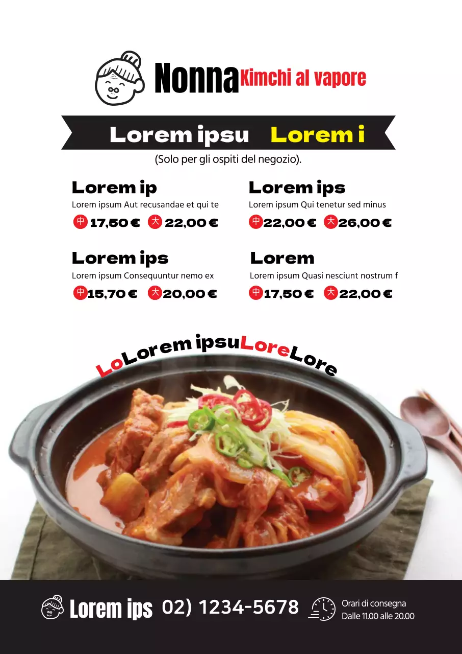 Il menu dello stufato di kimchi in questo ristorante pulito, bianco e ricco di fotografie