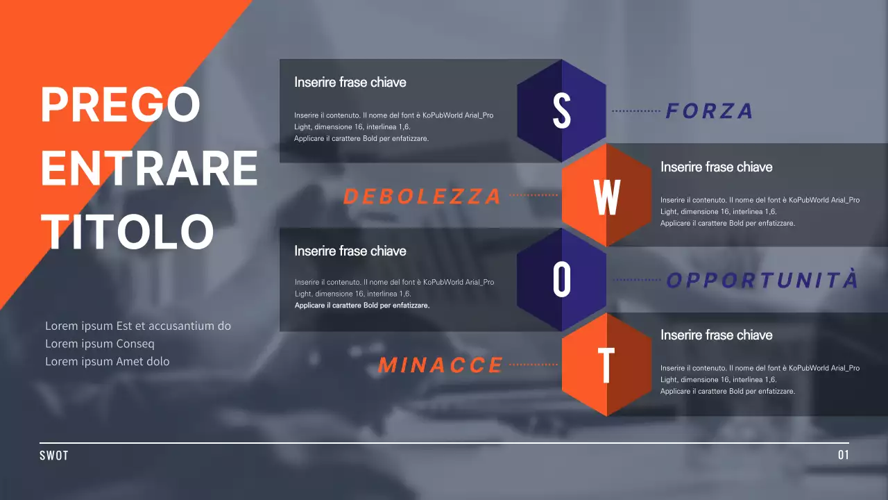 Infografica SWOT nei toni dell'arancione e del blu