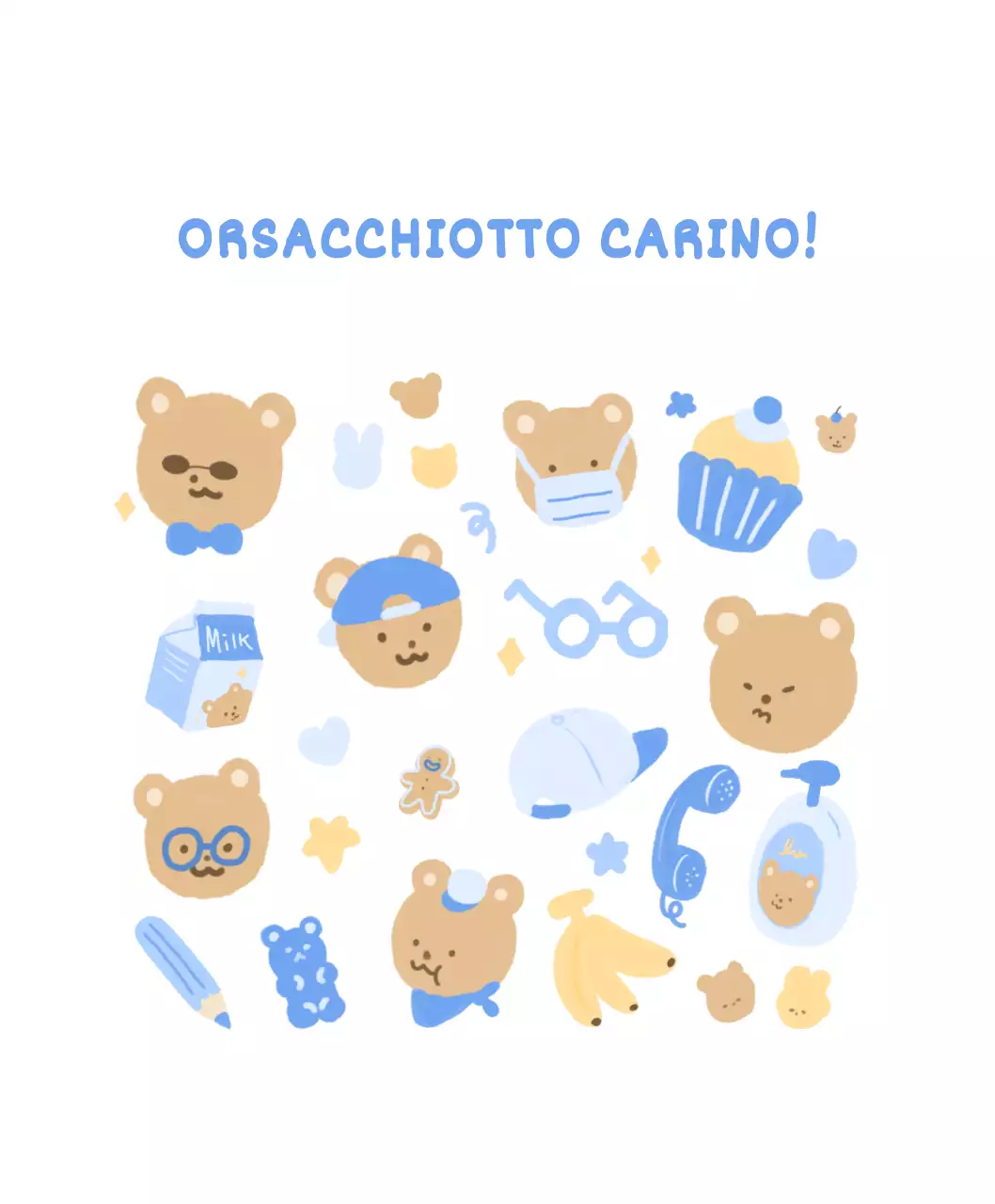 blu, bianco, carino, orsetto, illustrazione, personale, merce, latte, biscotto, stella, cuore, banana, gelatina, cupcake, cappello, tappetino per mouse, carino