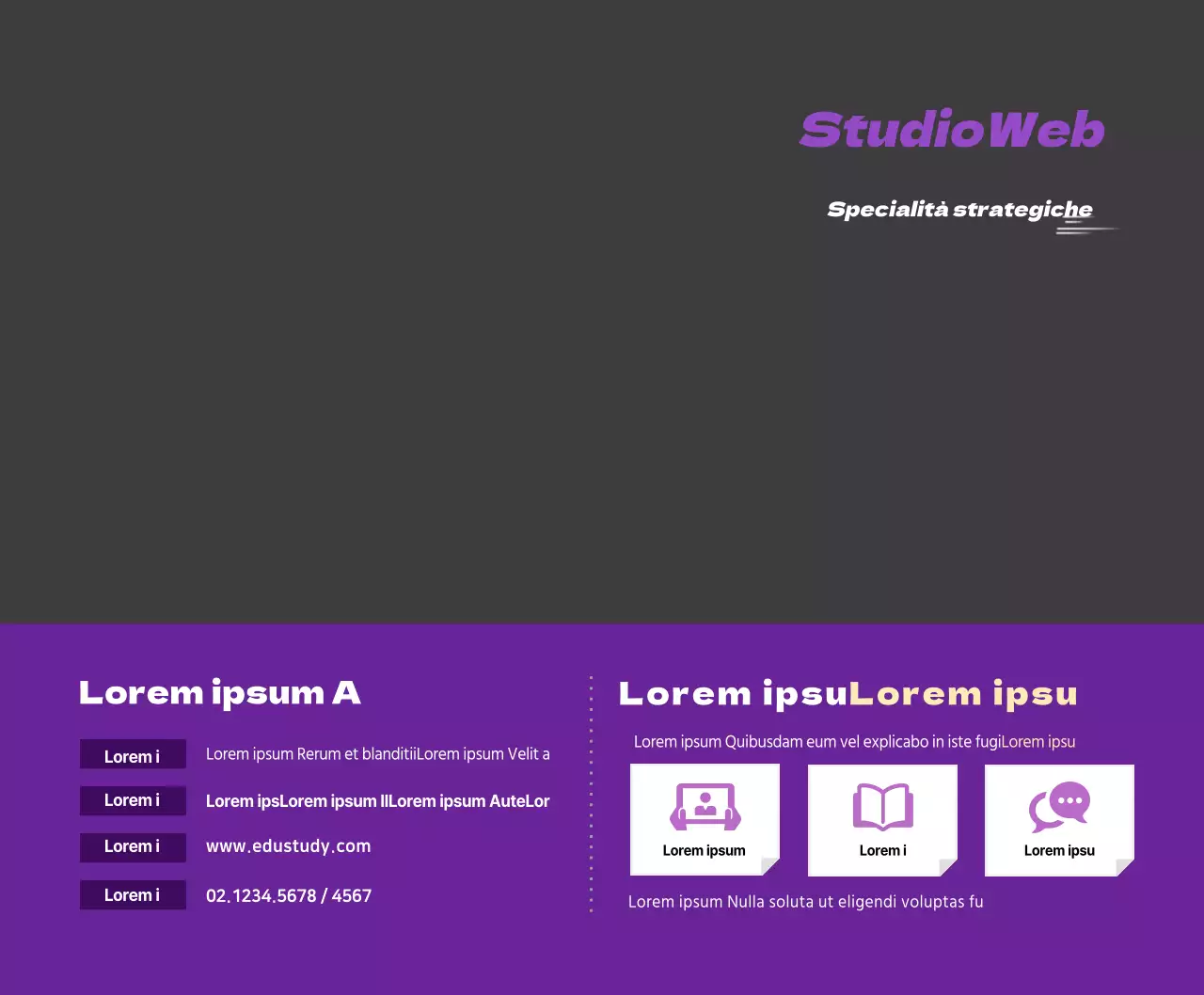 Un semplice studio concettuale in viola e nero per scopi informativi e promozionali.
