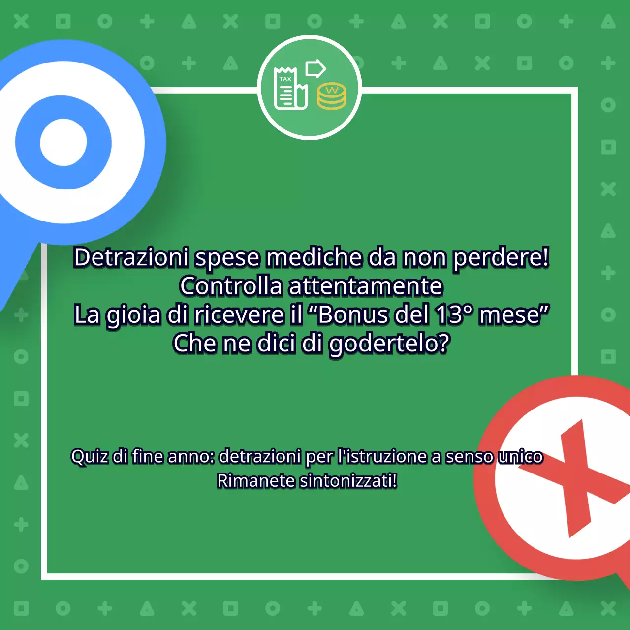 Quiz fiscali di fine anno con simpatiche illustrazioni verdi