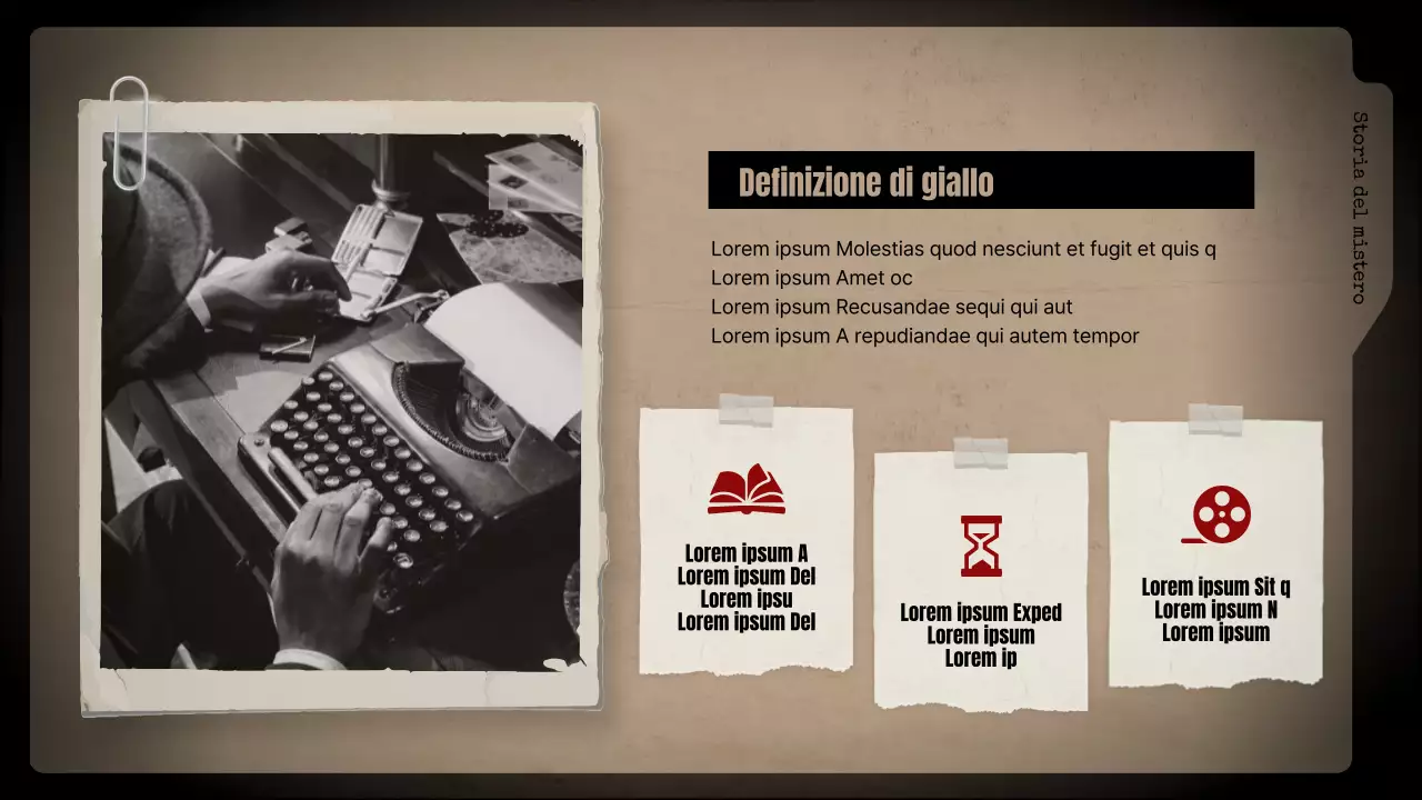 Analisi di romanzi gialli con sfondi neri e schedari marroni