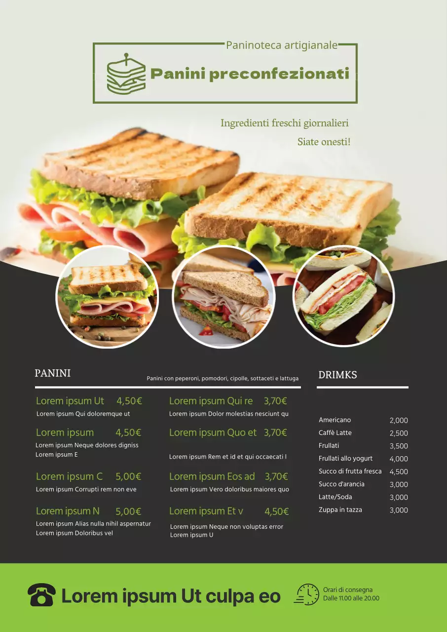 Una foto verde mette in evidenza il menu pulito dei panini del ristorante