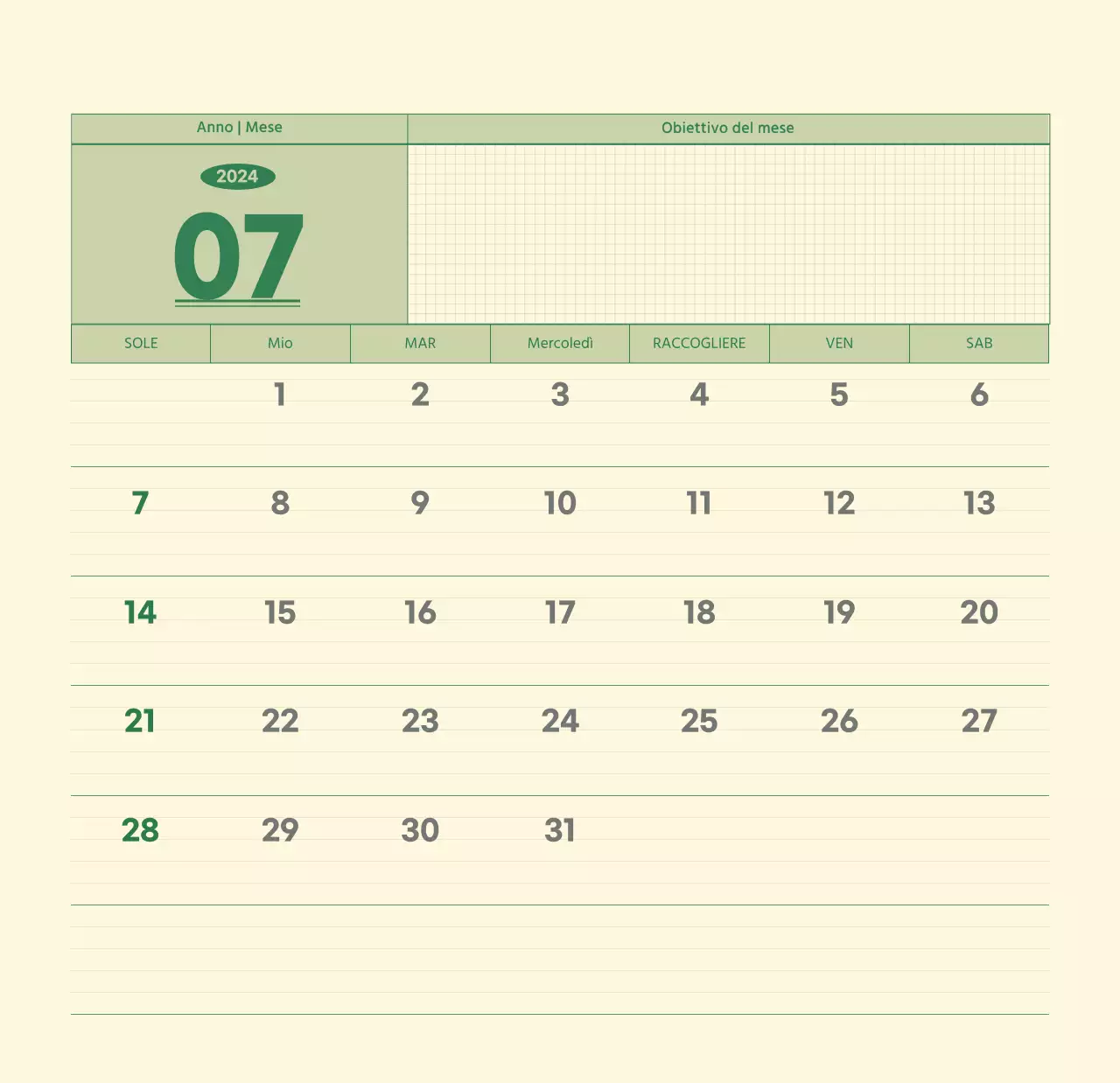 Calendario da parete SAT D-day concept in verde e giallo chiaro