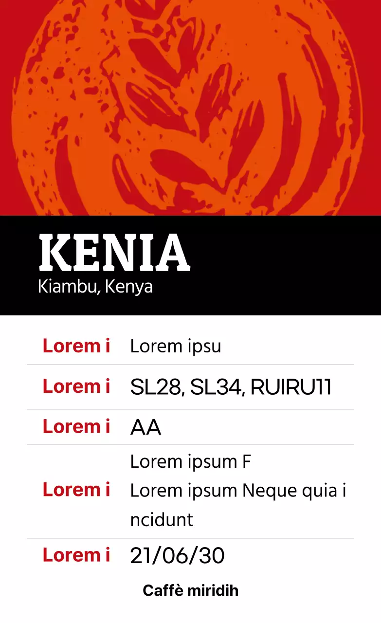 Etichetta di caffè in grani illustrata d'epoca colorata Kenya