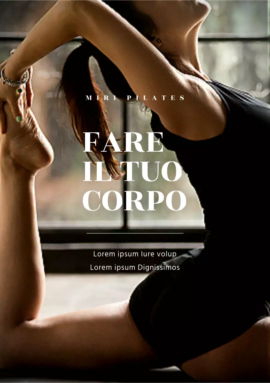 Promuovere un corso di Pilates con un messaggio su uno sfondo rilassante con una donna che fa esercizio.