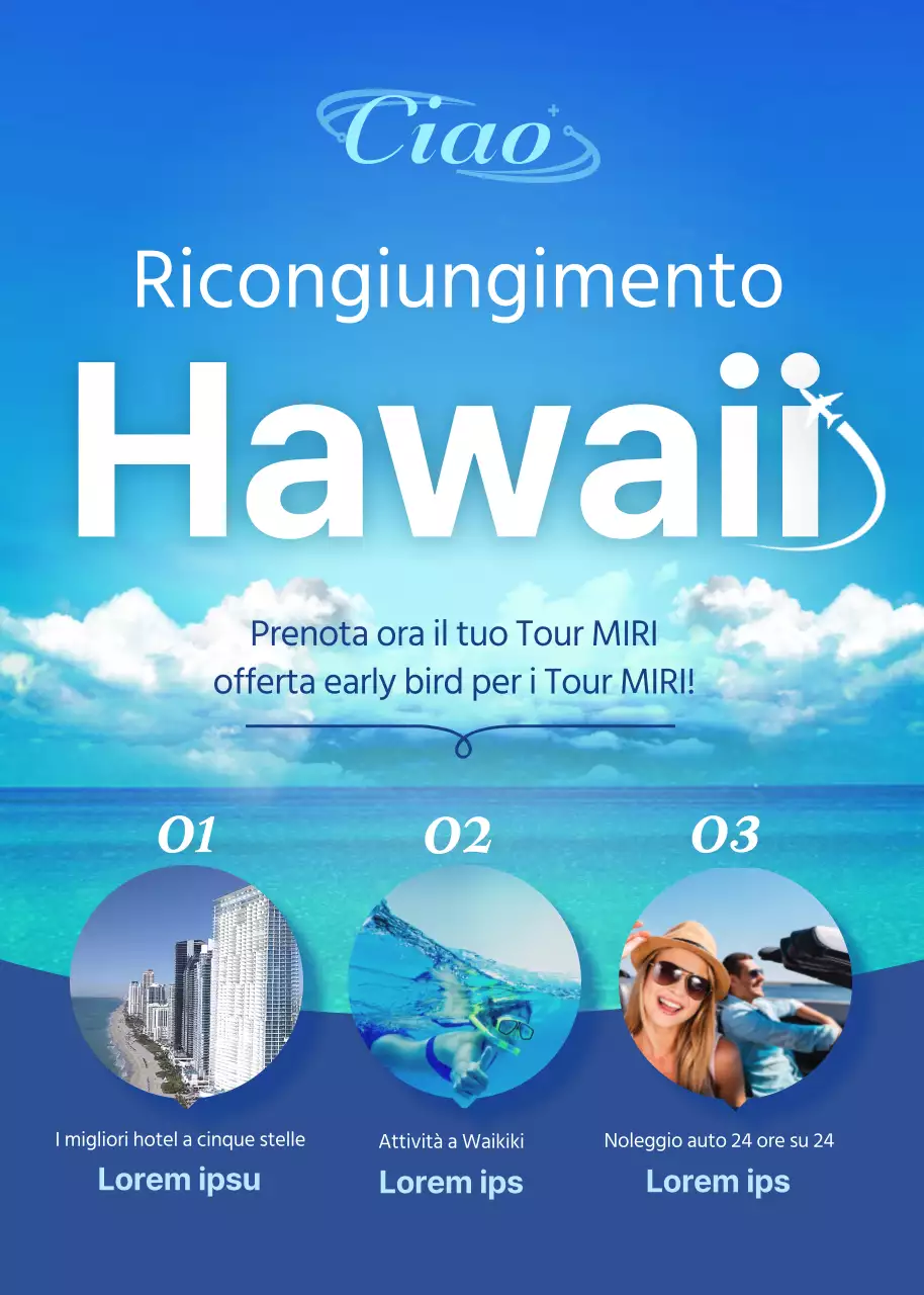 Evento benefico del tour delle Hawaii con uno sfondo blu e soleggiato