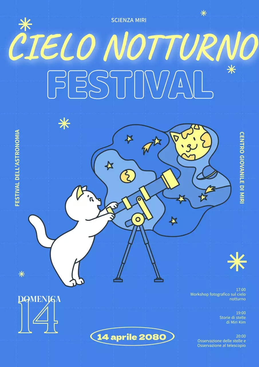 Un festival della scienza per giovani con una simpatica illustrazione di un gatto che osserva le costellazioni su uno sfondo blu.