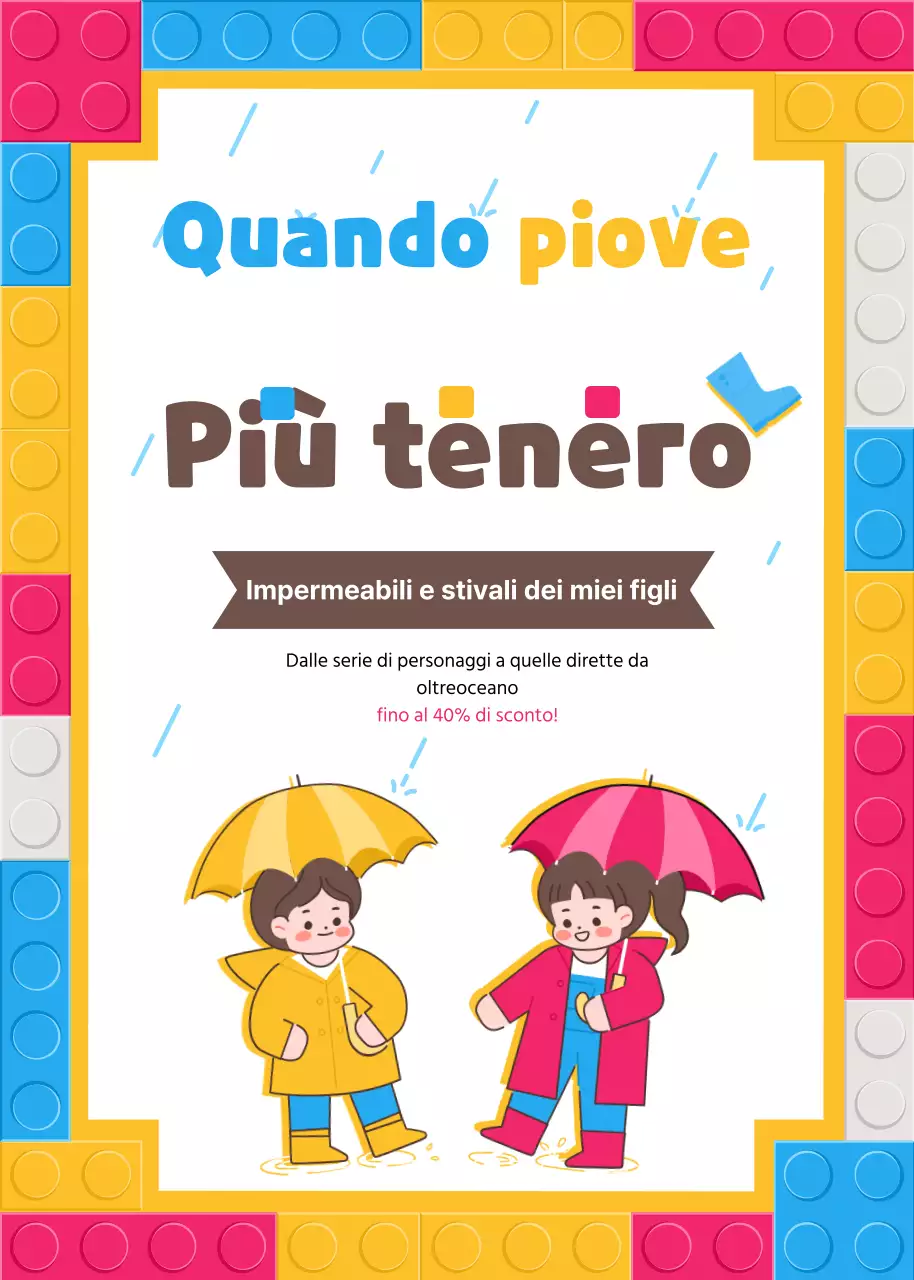 Articoli per la stagione delle piogge a tema per bambini con blocchi colorati e un simpatico concetto di bambino
