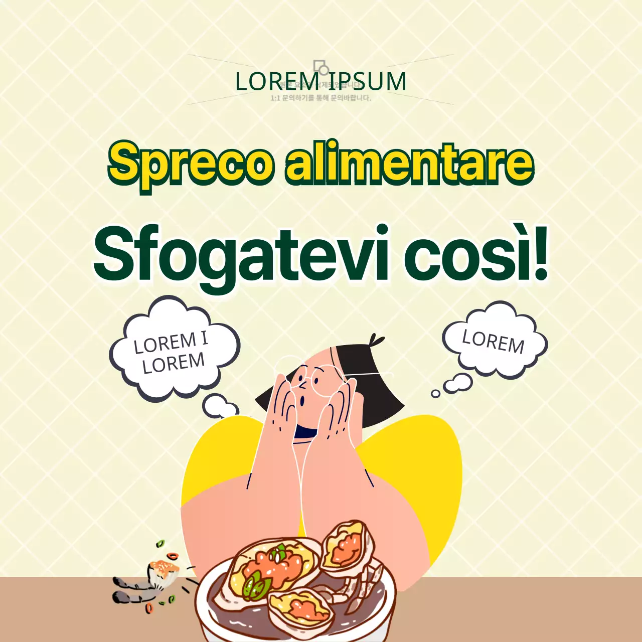 Consigli per lo spreco alimentare illustrati in giallo e verde