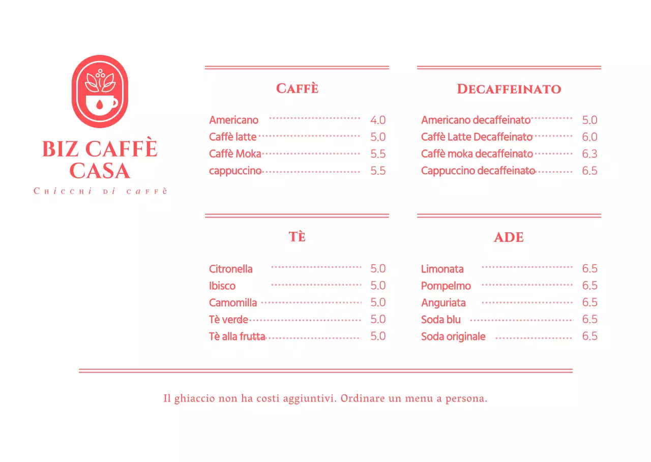 Prezzi del menu per una caffetteria di semplice concezione in bianco e rosso
