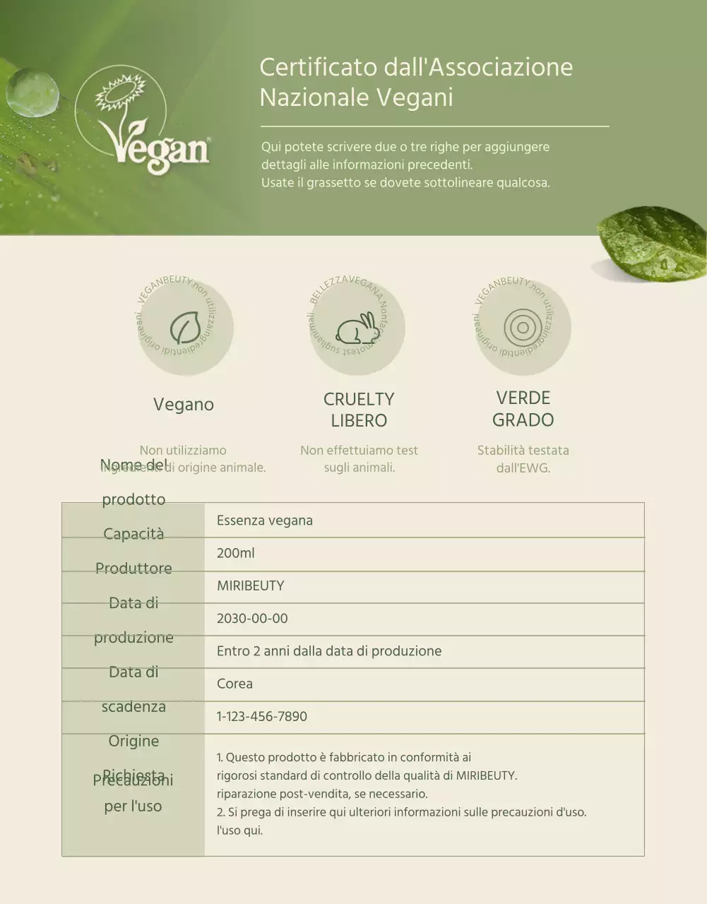 Pagina di dettaglio dei cosmetici vegani in verde avorio