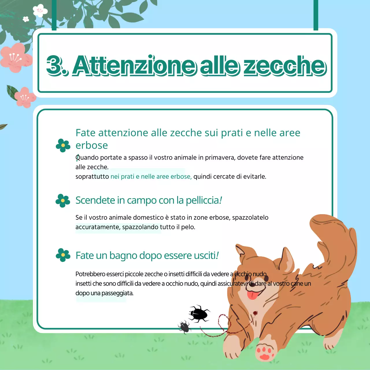 Un simpatico cucciolo con sfondo primaverile e consigli sulla salute CardNews