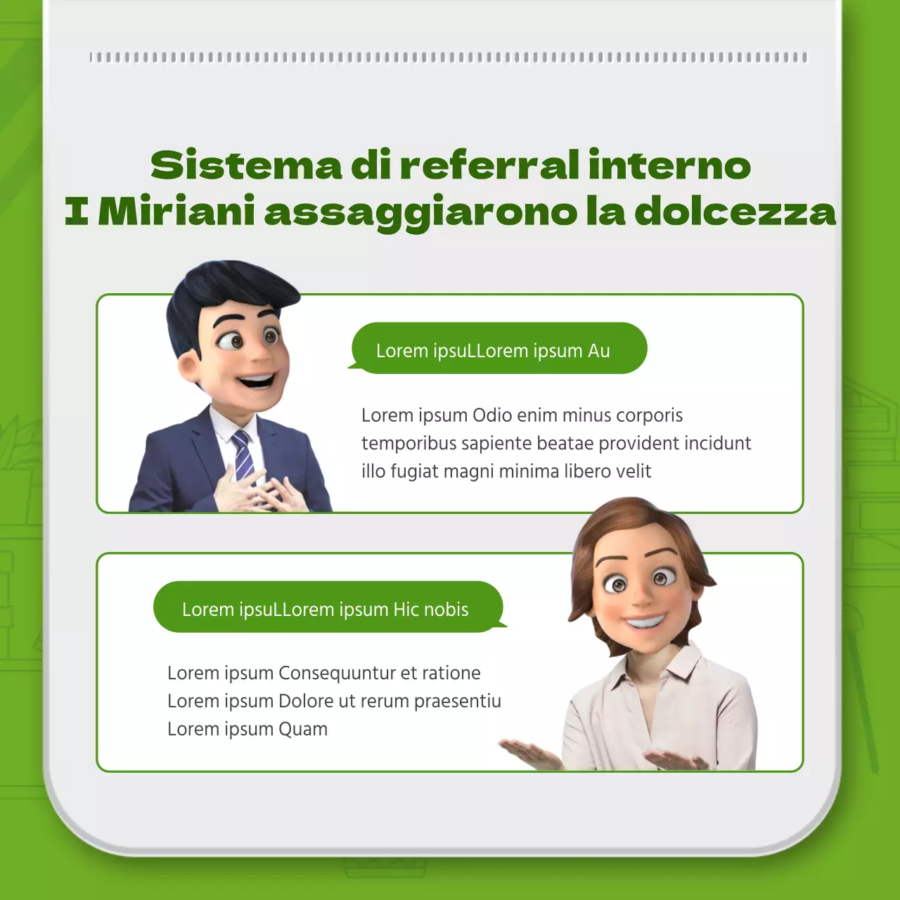 Illustrazione di linea semplice verde e tema della combinazione di schede dei dipendenti in 3D per l'introduzione del sistema di referral interno