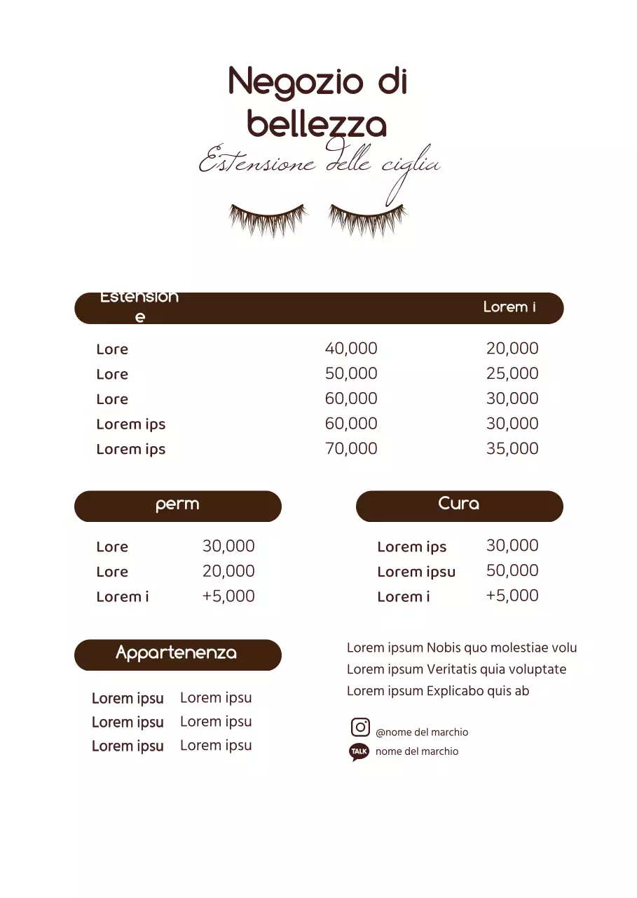 Listino prezzi di un negozio di bellezza in stile semplice e arrotondato in marrone e bianco