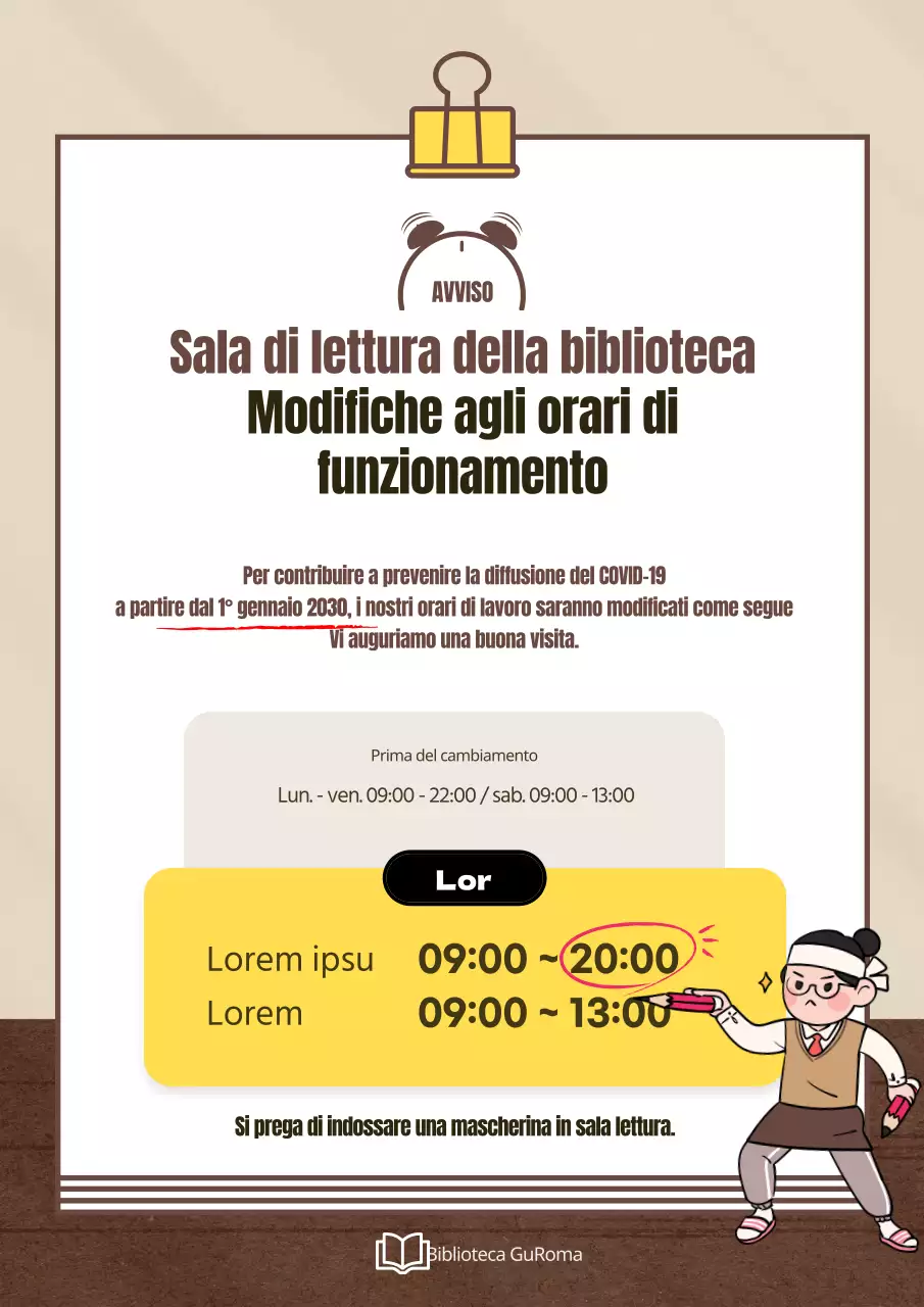 Un simpatico avviso di cambio orario della sala di lettura in marrone e giallo