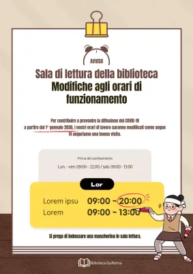 Un simpatico avviso di cambio orario della sala di lettura in marrone e giallo