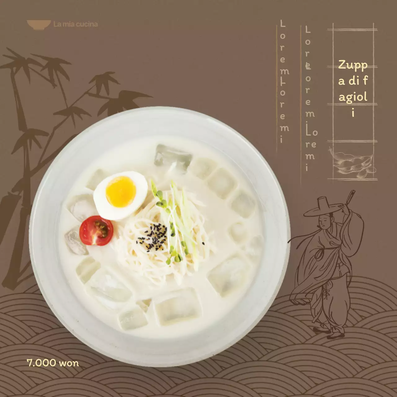  Menu estivo con sfondo marrone scuro e illustrazioni orientali