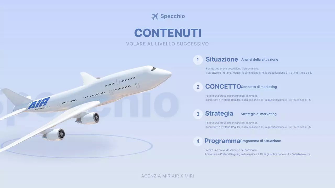 Concetto di aereo tridimensionale azzurro brief pubblicitario della compagnia aerea