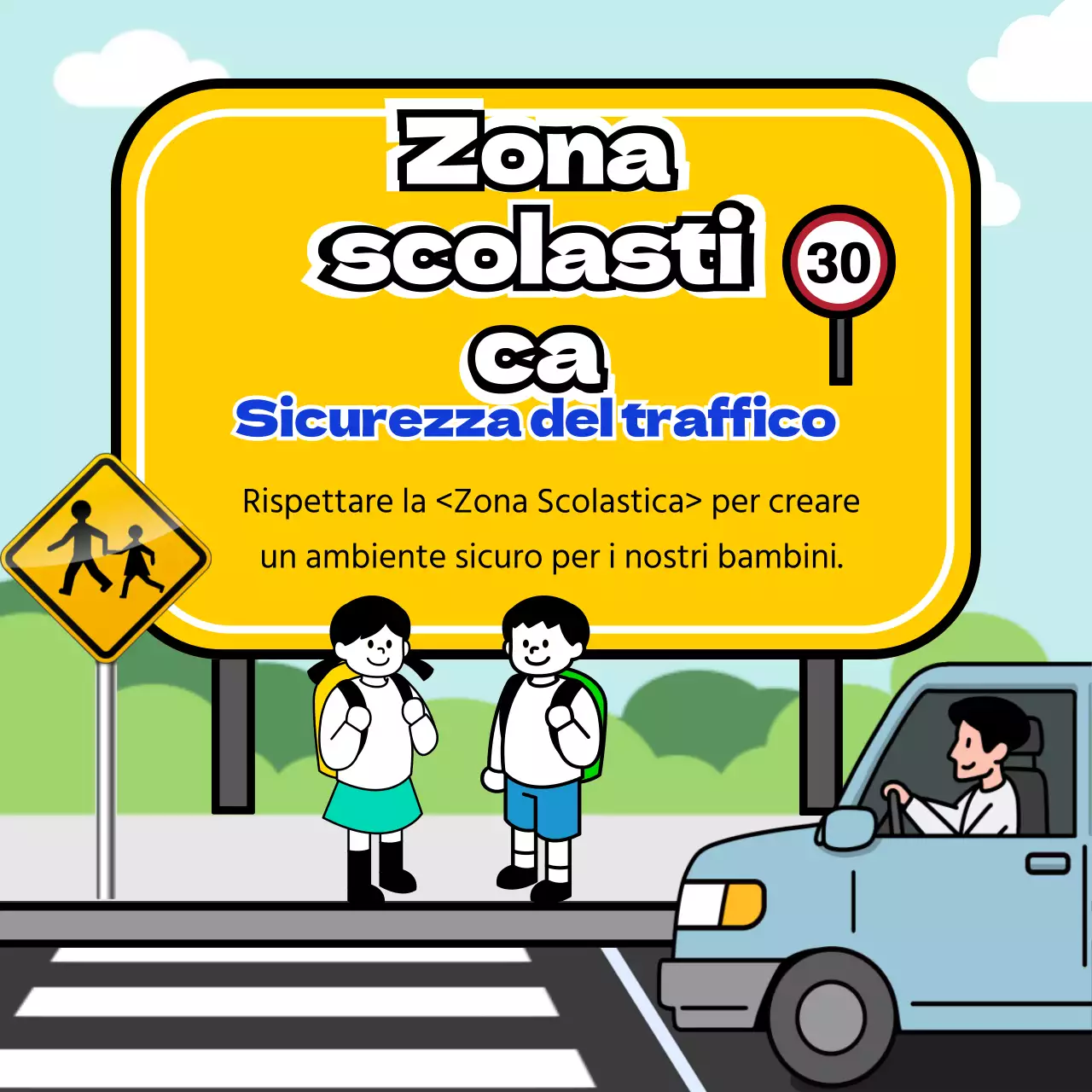 Consigli per la sicurezza del traffico nelle zone scolastiche con concetto di cartello giallo e blu